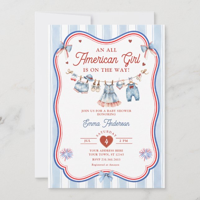 Convite Chá de Bebê Menina Totalmente Americana (Frente)