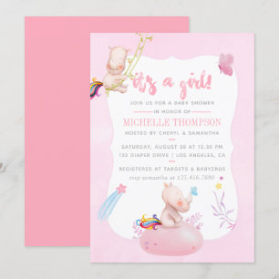 Convite Chá de Bebê Menina Unicórnio Rinoceronte Aquarela