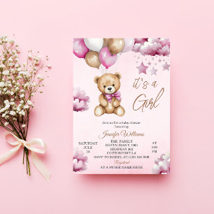 Convite Chá de Bebê Menina Ursinho e Balões Rosa Adorável
