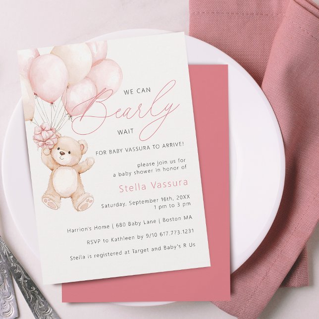 Convite Chá de Bebê Menina Ursinho Rosa Balões (Teddy Bear Pink Balloons Girl Baby Shower Invitation)