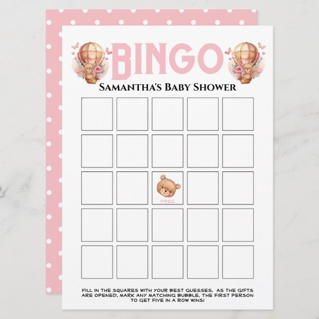 Convite Chá de Bebê Menina Urso Balão Rosa Bingo (Frente/Verso)