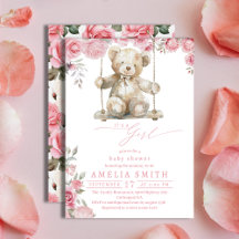 Chá de Bebê Menina Urso de Pelúcia Aquarela Rosa S