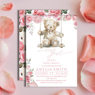 Convite Chá de Bebê Menina Urso de Pelúcia Aquarela Rosa S