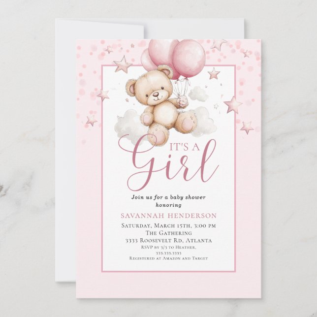 Convite Chá de Bebê Menina Urso de Pelúcia Rosa Blush (Frente)