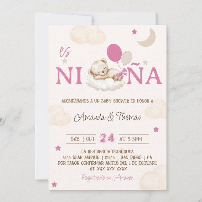 Convite Chá de Bebê Menina Urso de Pelúcia Rosa Espanhol (Frente)