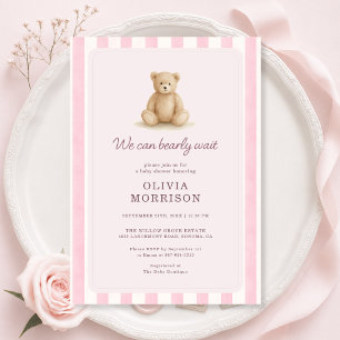 Convite Chá de Bebê Menina Urso de Pelúcia Rosa Listras