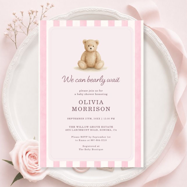 Convite Chá de Bebê Menina Urso de Pelúcia Rosa Listras (Criador carregado)
