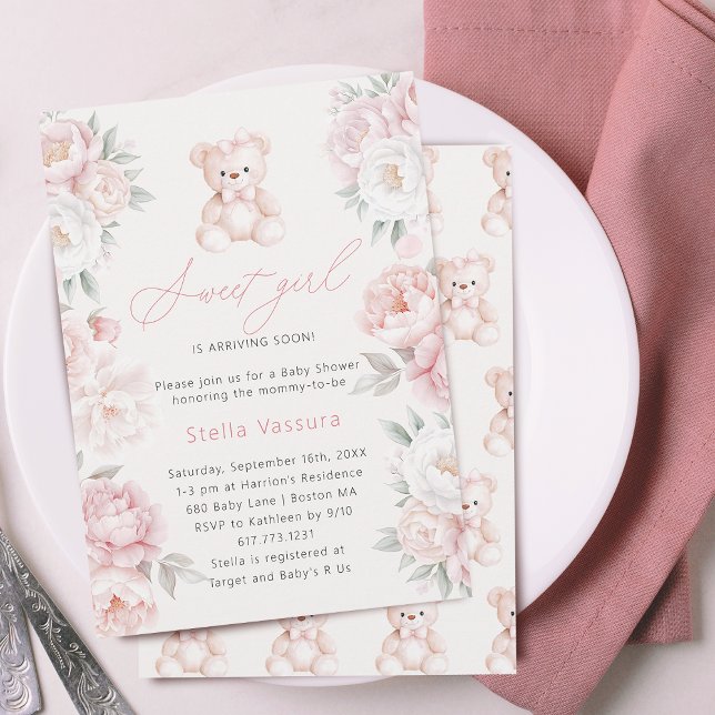 Convite Chá de Bebê Menina Urso de Pelúcia Rosas (Teddy Bear Pink Flowers Girl Baby Shower Invitation)