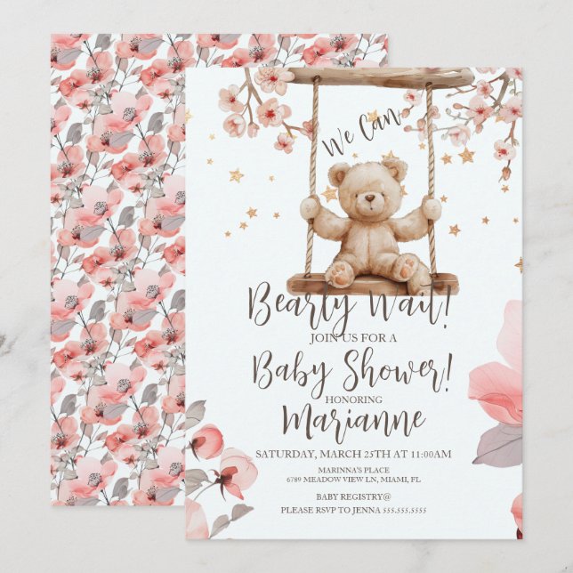 Convite Chá de Bebê Menina Urso Floral Chinês (Frente/Verso)