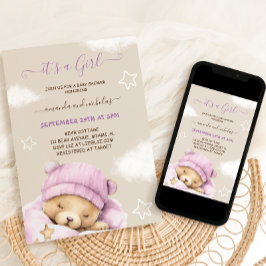 Convite Chá de Bebê Menina Urso Inverno