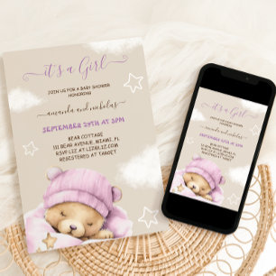 Convite Chá de Bebê Menina Urso Inverno