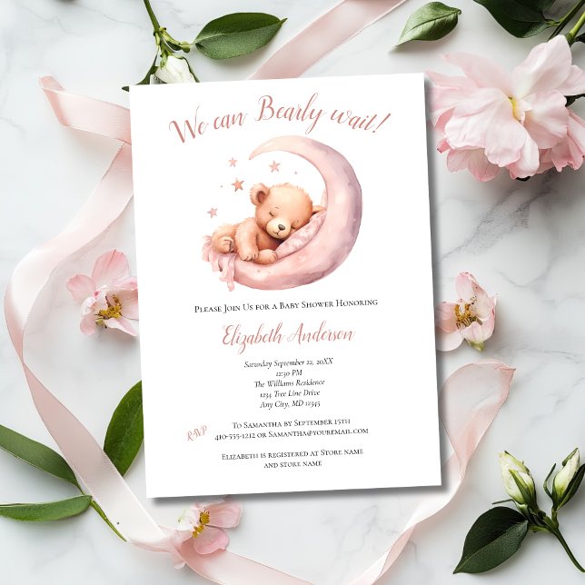 Convite Chá de Bebê Menina Urso Rosa Lua Quase Esperando C (Pink Baby Girl Baby Shower Invitation Bearly Wait Bear sleeping in moon. Printed or digital download)