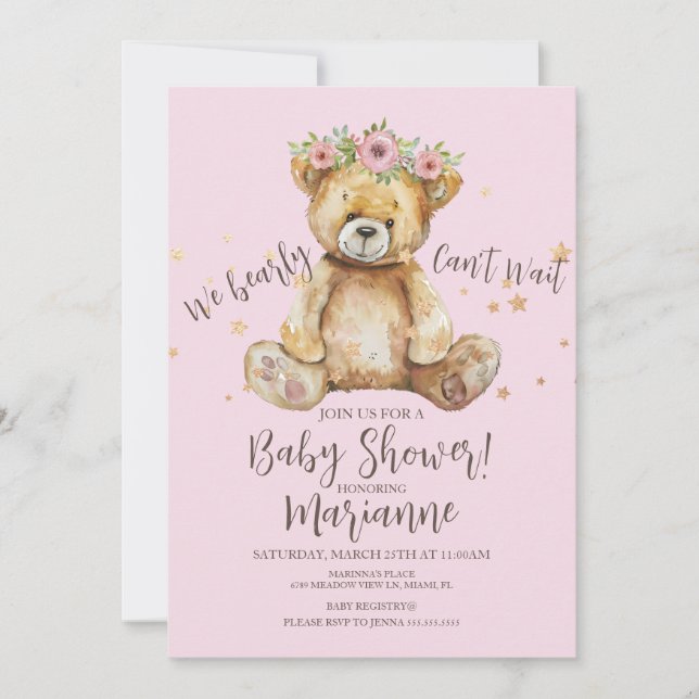 Convite Chá de Bebê Menina Urso Rústico (Frente)