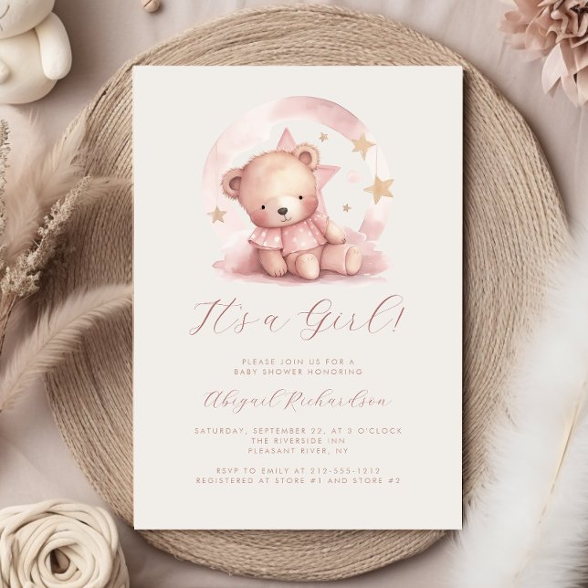 Convite Chá de Bebê Menina Urso Teddy em Aquarela Rosa (Criador carregado)