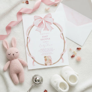 Convite Chá de Bebê Menina Urso Teddy Fofo & Laço Rosa