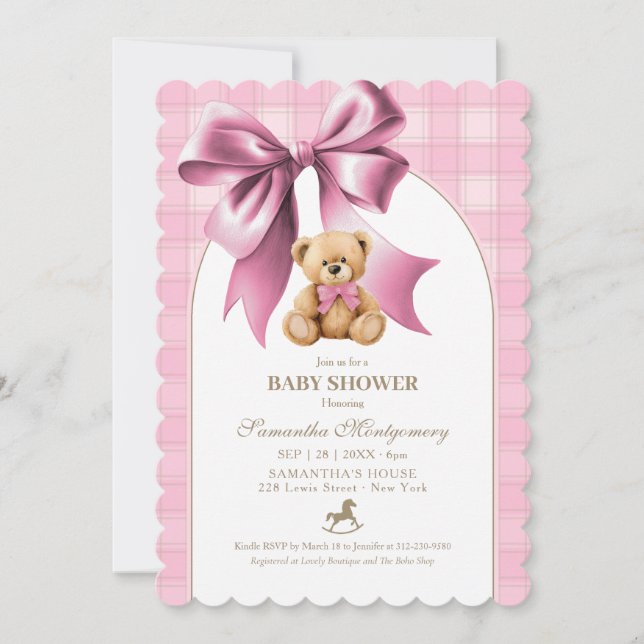 Convite Chá de Bebê Menina Urso Teddy Preppy Xadrez Rosa (Frente)