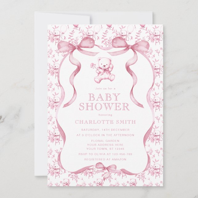 Convite Chá de Bebê Menina Urso Toile Rosa (Frente)