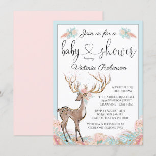 Convite Chá de Bebê Menina Veado Rosa Azul Água-forte