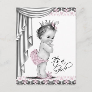 Convite Chá de Bebê Menina Vintage Rosa e Cinza