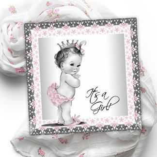 Convite Chá de Bebê Menina Vintage Rosa e Cinza