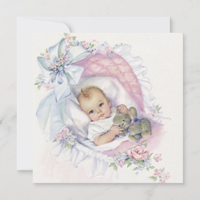Convite Chá de Bebê Menina Vintage Rosa Pastel (Frente)