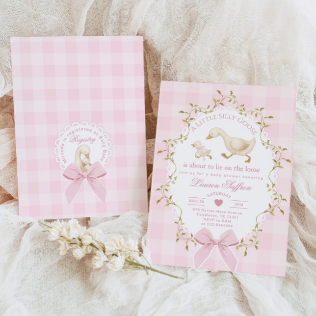 Convite Chá de Bebê Menina Xadrez Rosa Silly Goose (Criador carregado)