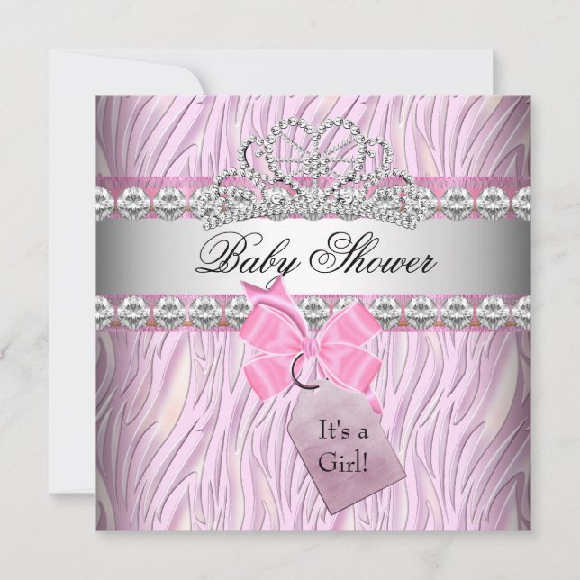 Convite Chá de Bebê Menina Zebra Rosa Princesa Tiara Diama (Frente)
