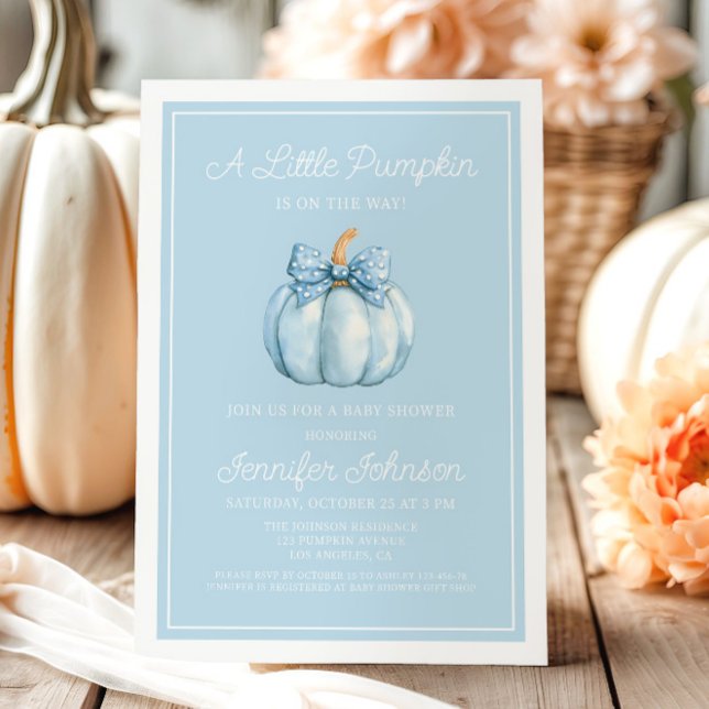 Convite Chá de Bebê Menino Abobrinha Azul Adorável (Cute Blue A Little Pumpkin Boy Baby Shower Invitation)