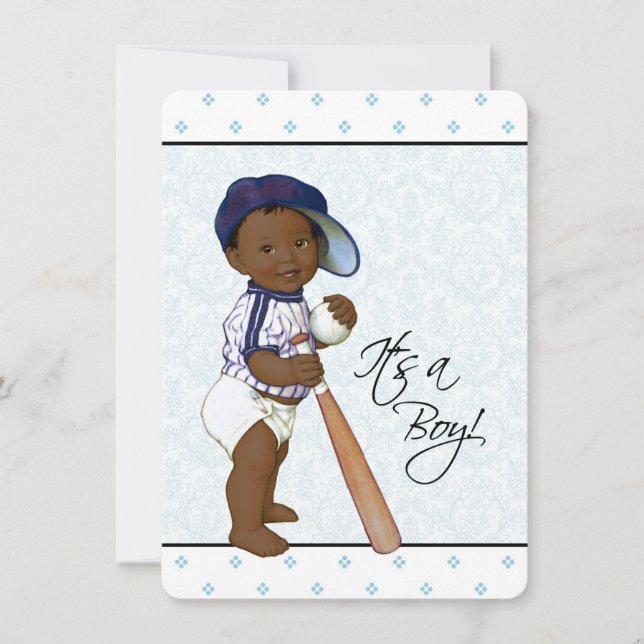 Convite Chá de Bebê Menino Afro-Americano em Azul Damask (Frente)
