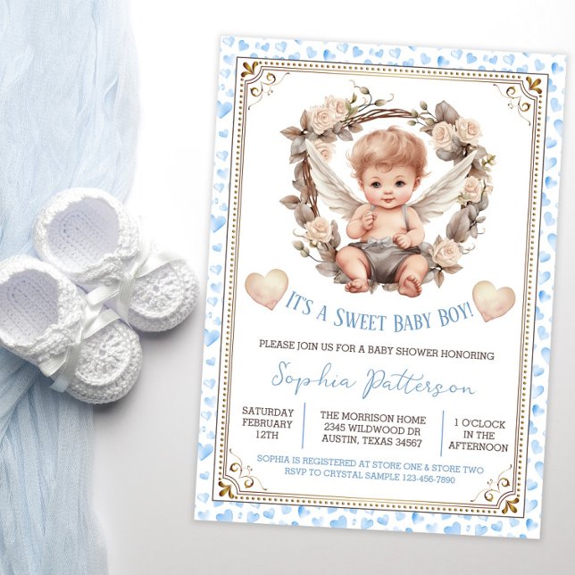 Convite Chá de Bebê Menino Anjo Valentão (Sweet baby boy baby shower invitation with cute little cherub on a blue watercolor heart background.)