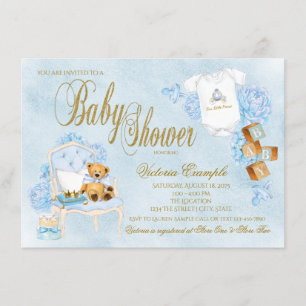 Convite Chá de Bebê Menino Aquarela Azul Bebê Dourado