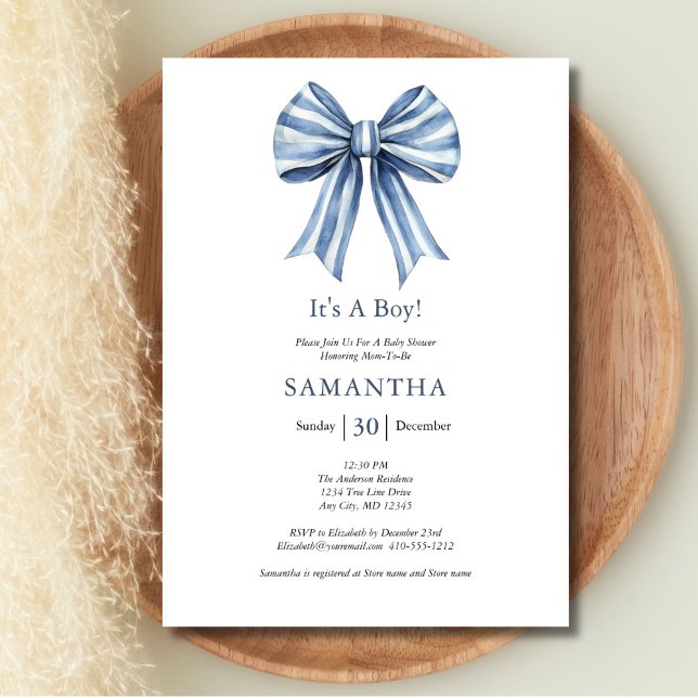 Convite Chá de Bebê Menino Arco Azul Moderno e Tendência (Blue Bow Boy Baby shower invitation. Printed or Instant digital download)