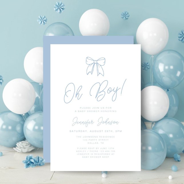 Convite Chá de Bebê Menino Arco Coquete Azul Moderno (Cute Blue Coquette Bow Boy Baby Shower Invitation)