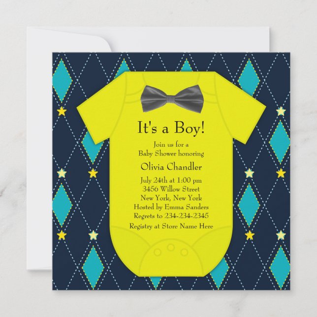 Convite Chá de Bebê Menino Argyle Azul Amarelo (Frente)
