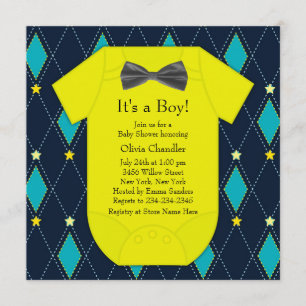Convite Chá de Bebê Menino Argyle Azul Amarelo