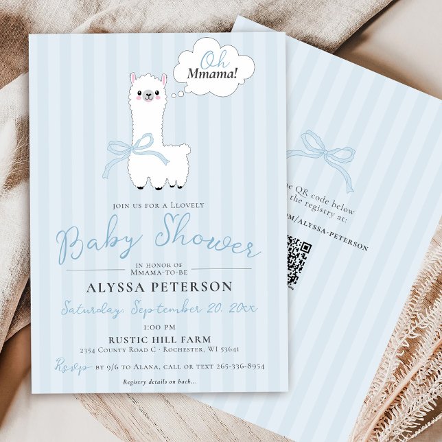 Convite Chá de Bebê Menino Azul Fofo Oh Mamãe Lhama Divert (Cute Oh Mmama Llama funny farm animal blue bow stripes baby boy QR code modern shower invitation )