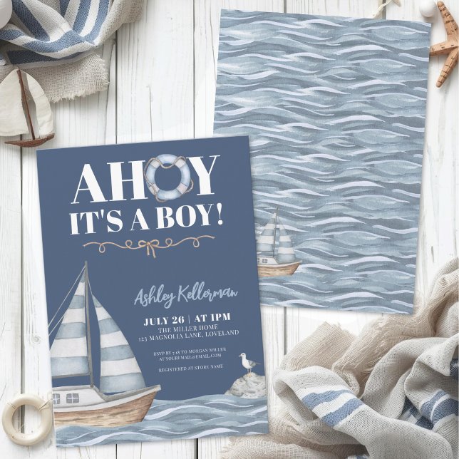 Convite Chá de Bebê Menino Azul Náutico (Nautical Blue Boy Baby Shower Invitation)