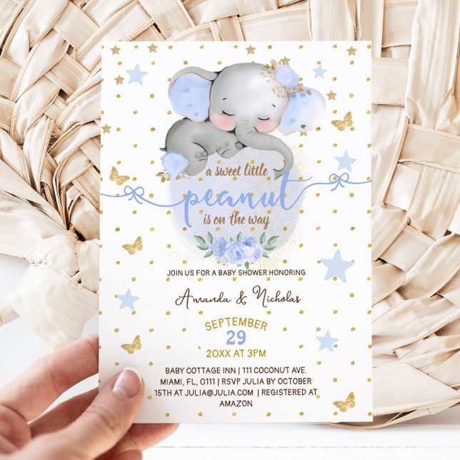 Convite Chá de Bebê Menino Azul Pastel Botânico Elefante (Criador carregado)