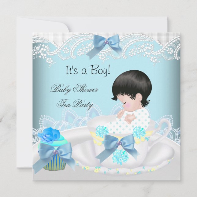 Convite Chá de Bebê Menino Azul Xícara Cupcake 2 (Frente)
