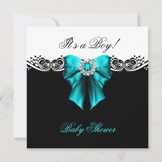 Convite Chá de Bebê Menino Bebê Azul Teal Preto Branco (Frente)