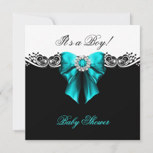 Convite Chá de Bebê Menino Bebê Azul Teal Preto Branco