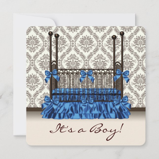 Convite Chá de Bebê Menino Berço Azul Marrom Damask (Frente)