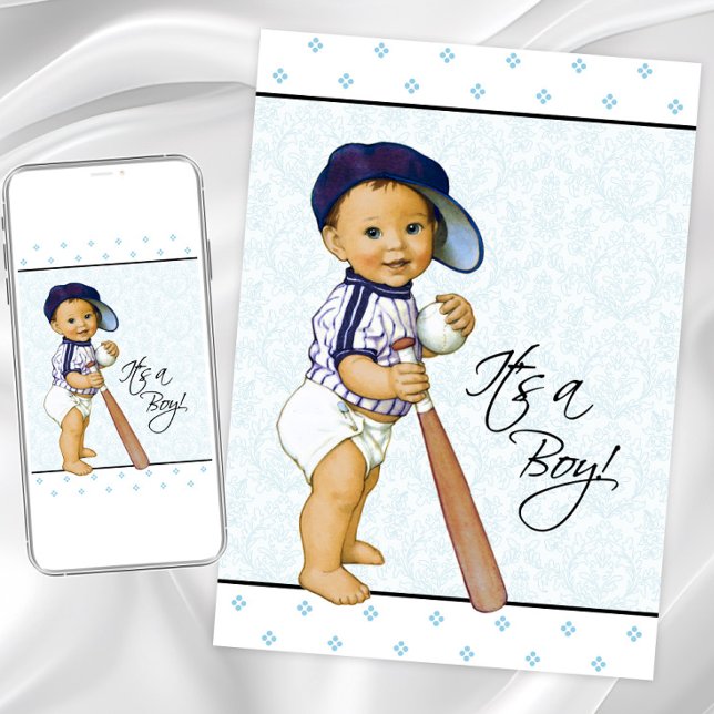Convite Chá de Bebê Menino Blue Damask (Sweet baseball baby shower invitation with adorable baby boy with baseball hat, bat and ball.)
