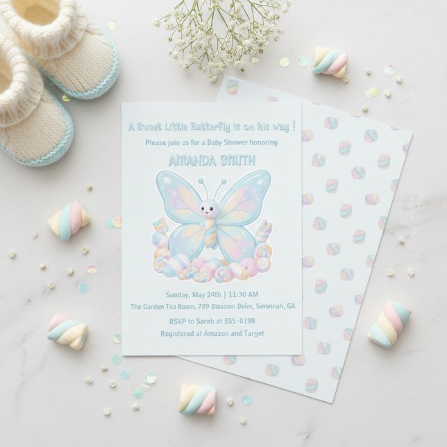 Convite Chá de Bebê Menino Borboleta Algodão Doce Azul (Blue Strawberry Butterfly Girl Baby Shower Invitation)