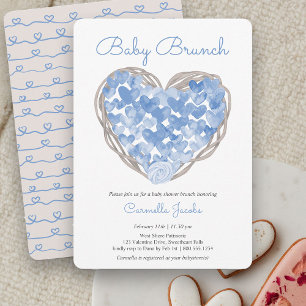 Convite Chá de Bebê Menino Brunch Azul Corações Rústico