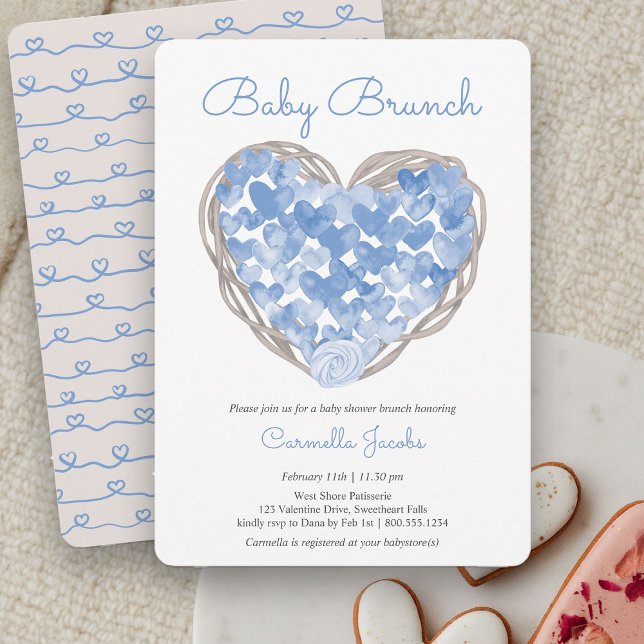 Convite Chá de Bebê Menino Brunch Azul Corações Rústico (Baby Brunch Rustic Blue Heart Baby Shower Invitation)