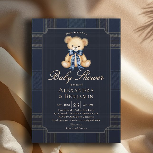 Convite Chá de Bebê Menino Coed Teddy de Xadrez Elegante A (preppy baby shower invitation teddy bear blue plaid bow elegant country club modern classic coed)