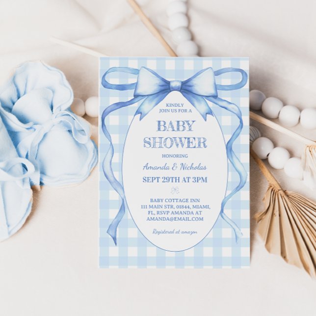 Convite Chá de Bebê Menino com Laço Azul e Gingham (Criador carregado)