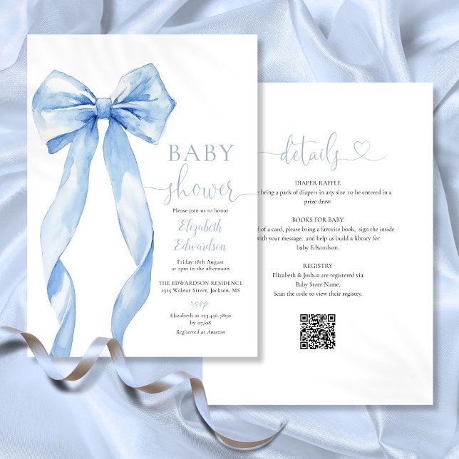 Convite Chá de Bebê Menino com Laço Azul Tudo em Um (Blue Bow Boy Baby Shower All In One Invitation)