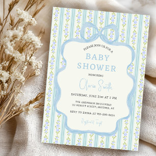 Convite Chá de Bebê Menino com Laço Floral Vintage Azul